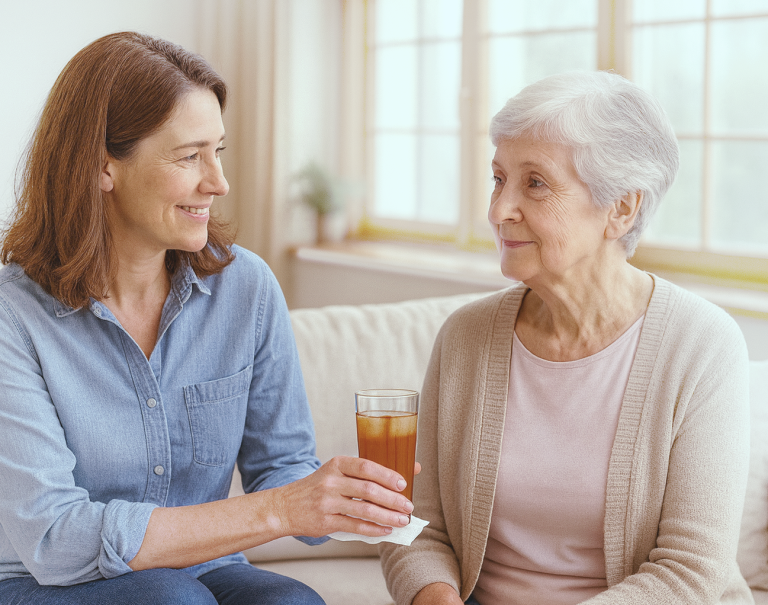 Mother and daughter on sofa A woman handing a glass of iced tea to an elderly woman in a cozy living room.